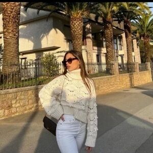 ZARA Cable Knit Turtleneck Sweater with Buttons Cropped Chunky Knit Size M White